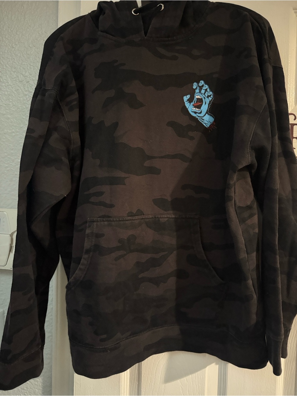 Santa Cruz Skateboards Black Camo Crewneck with Blue Screaming Hand